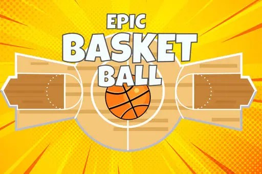 Quadra de basquete estilizada com fundo amarelo vibrante e bola de basquete no centro, representando o jogo "Epic Basketball".